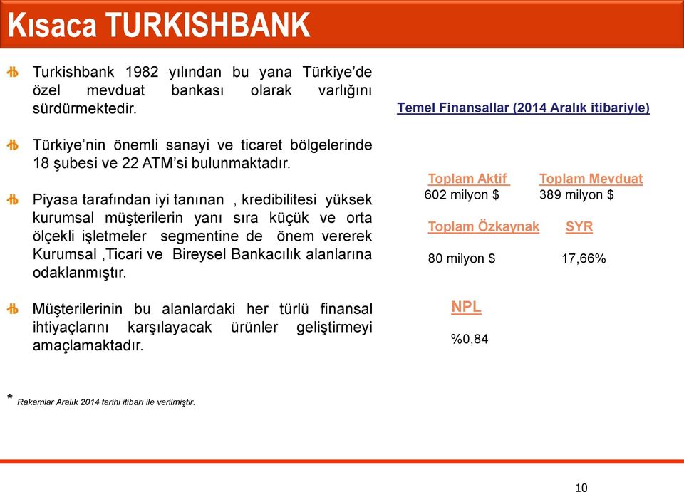 Piyasa tarafından iyi tanınan, kredibilitesi yüksek kurumsal müşterilerin yanı sıra küçük ve orta ölçekli işletmeler segmentine de önem vererek Kurumsal,Ticari ve Bireysel Bankacılık