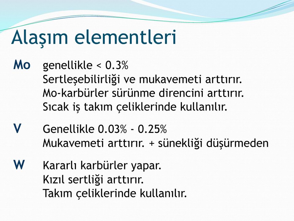 Mo-karbürler sürünme direncini arttırır.