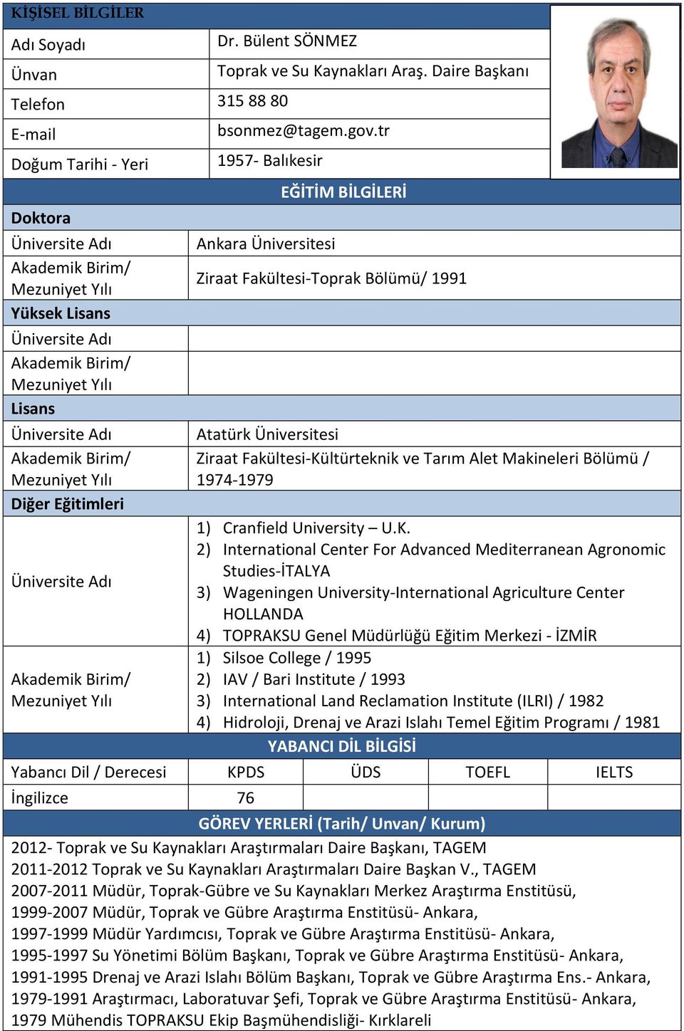 tr 1957- Balıkesir Ankara Üniversitesi EĞİTİM BİLGİLERİ Ziraat Fakültesi-Toprak Bölümü/ 1991 Atatürk Üniversitesi Ziraat Fakültesi-Kültürteknik ve Tarım Alet Makineleri Bölümü / 1974-1979 1)