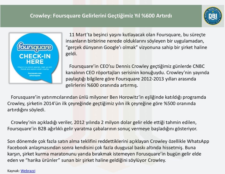 Crowley nin yayında paylaştığı bilgilere göre Foursquare 2012-2013 yılları arasında gelirlerini %600 oranında artırmış.