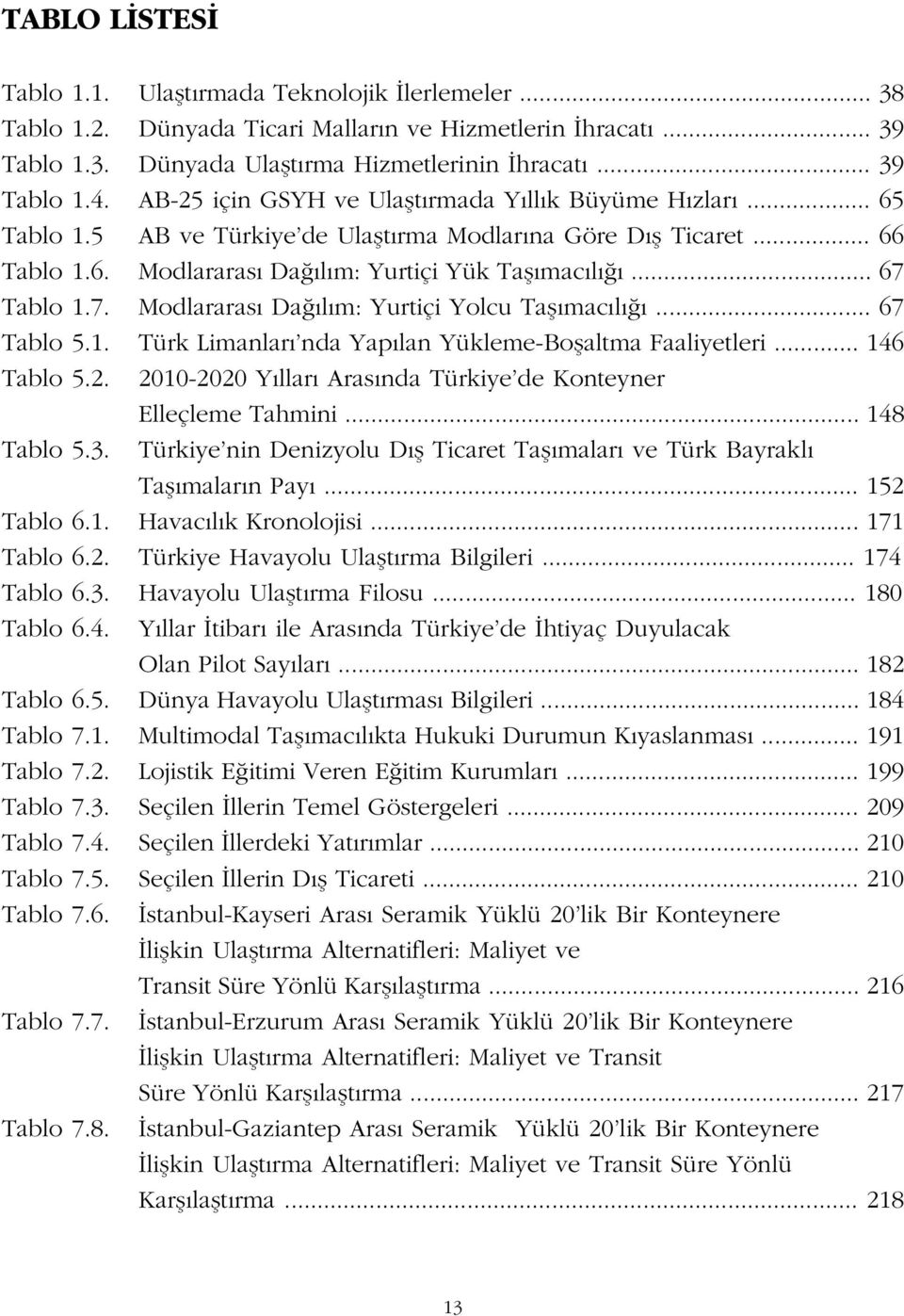 Tablo 1.7. Modlararas Da l m: Yurtiçi Yolcu Tafl mac l... 67 Tablo 5.1. Türk Limanlar nda Yap lan Yükleme-Boflaltma Faaliyetleri... 146 Tablo 5.2.