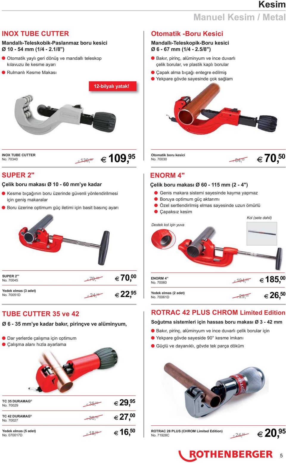 5/8") Bakır, pirinç, alüminyum ve ince duvarlı çelik borular, ve plastik kaplı borular Çapak alma bıçağı entegre edilmiş Yekpare gövde sayesinde çok sağlam INOX TUBE CUTTER No.