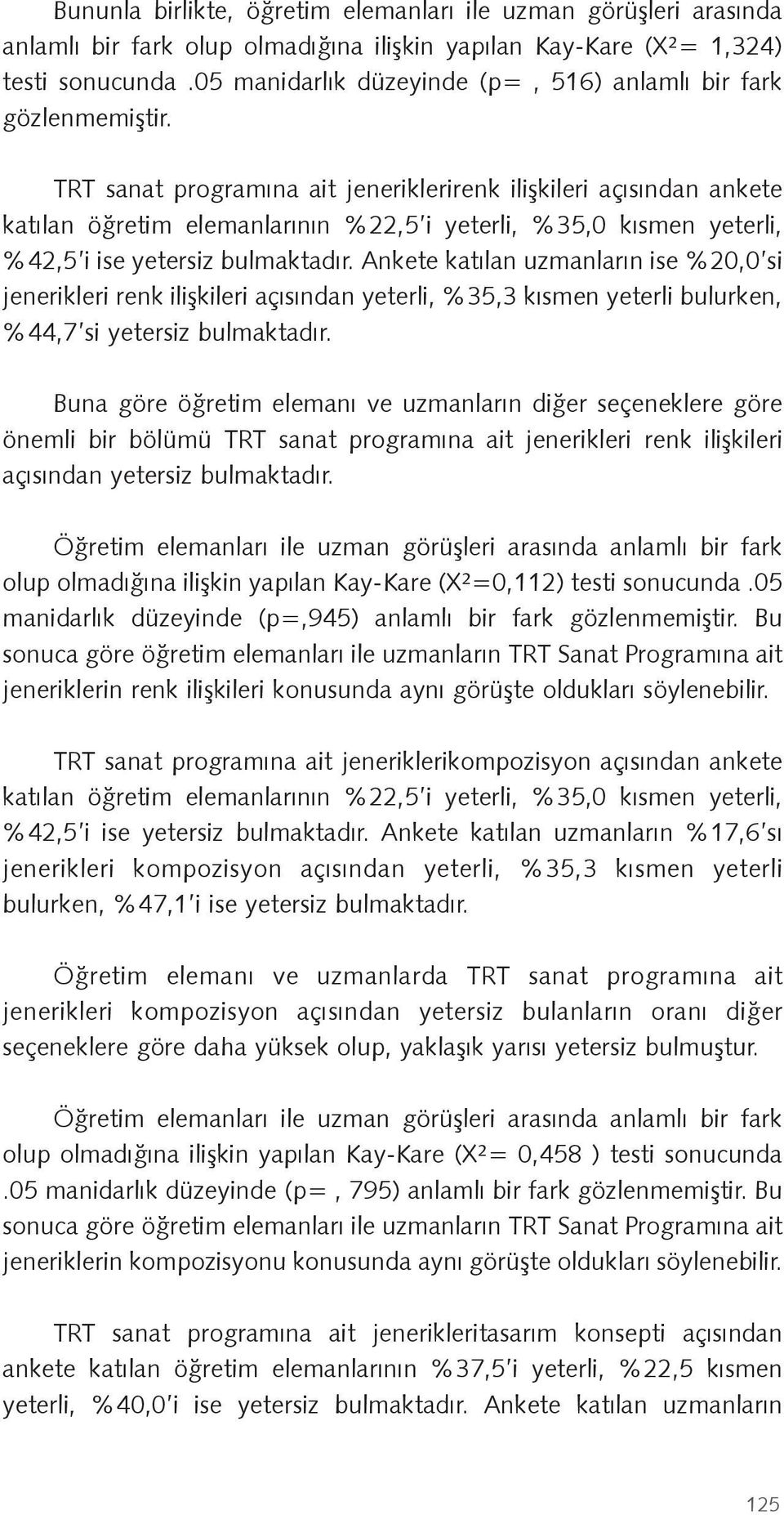 TRT sanat programına ait jeneriklerirenk ili kileri açısından ankete katılan ö retim elemanlarının %22,5 i yeterli, %35,0 kısmen yeterli, %42,5 i ise yetersiz bulmaktadır.