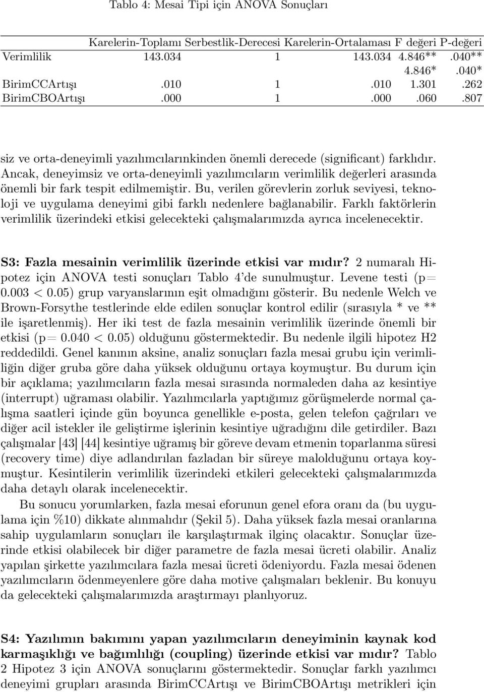 Ancak, deneyimsiz ve orta-deneyimli yazılımcıların verimlilik değerleri arasında önemli bir fark tespit edilmemiştir.