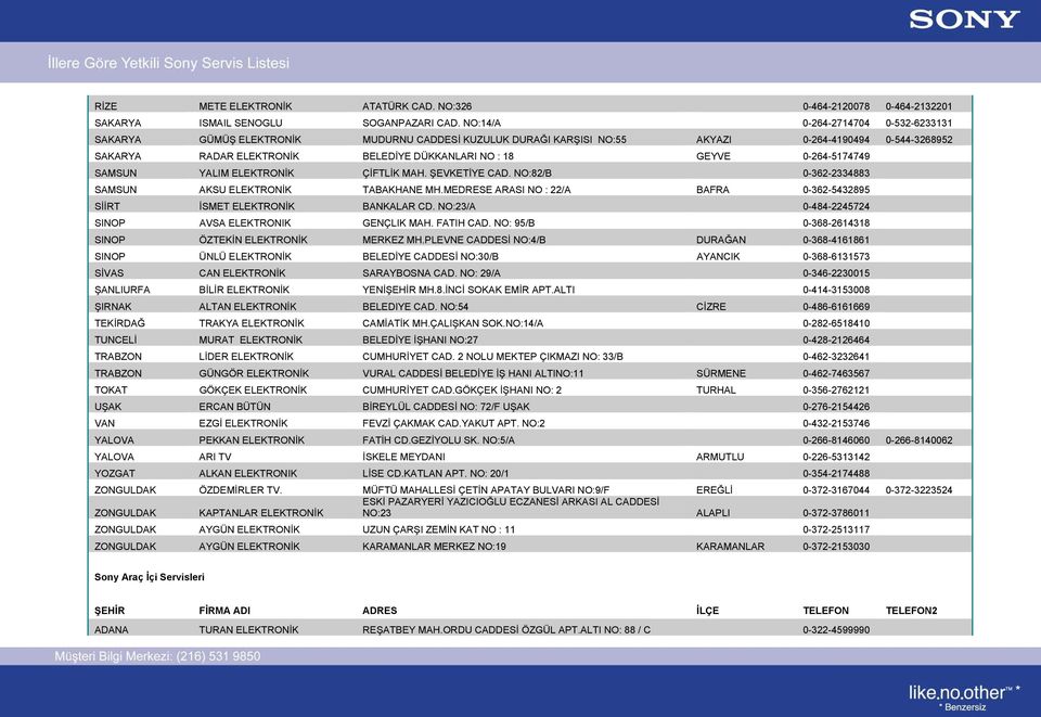 0-264-5174749 SAMSUN YALIM ELEKTRONİK ÇİFTLİK MAH. ŞEVKETİYE CAD. NO:82/B 0-362-2334883 SAMSUN AKSU ELEKTRONİK TABAKHANE MH.
