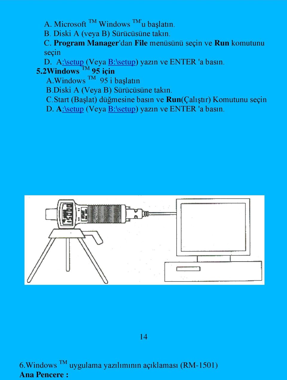 2Windows TM 95 için A.Windows TM 95 i baģlatın B.Diski A (Veya B) Sürücüsüne takın. C.