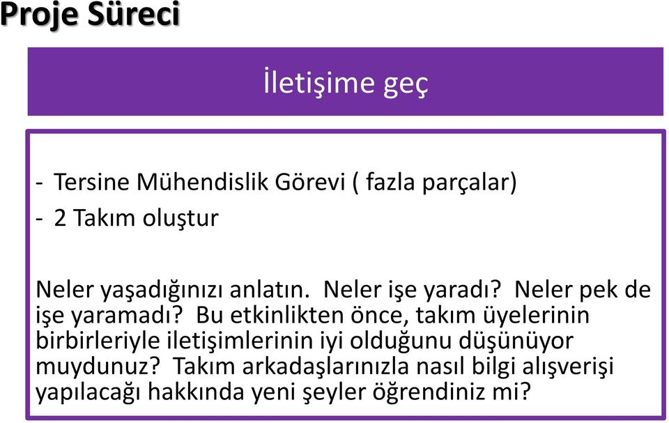 Bu etkinlikten önce, takım üyelerinin birbirleriyle iletişimlerinin iyi olduğunu