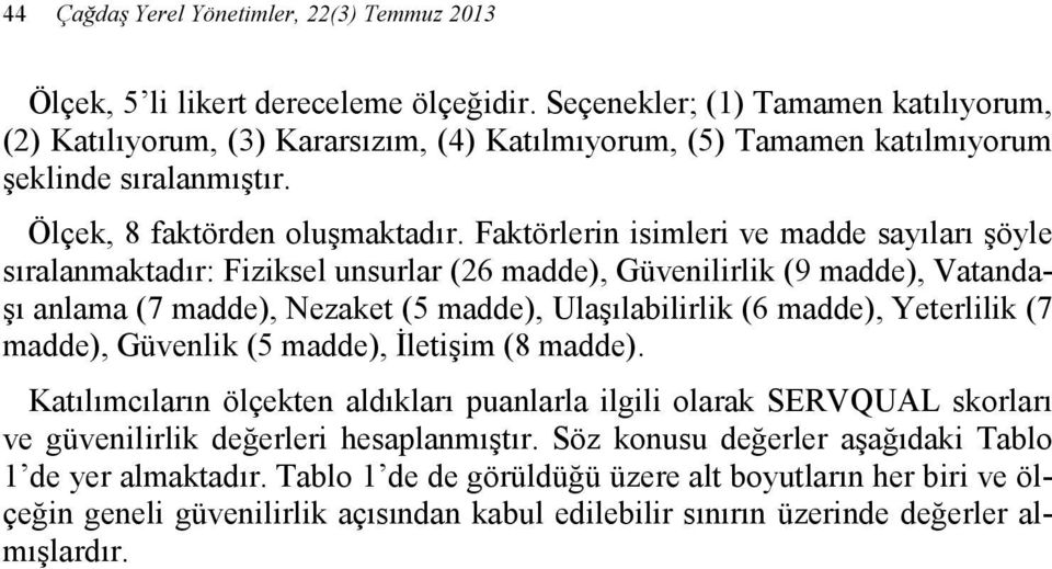 Faktörlerin isimleri ve madde sayıları şöyle sıralanmaktadır: Fiziksel unsurlar (26 madde), Güvenilirlik (9 madde), Vatandaşı anlama (7 madde), Nezaket (5 madde), Ulaşılabilirlik (6 madde),