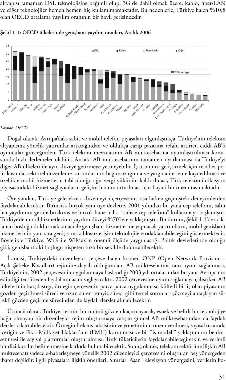 Şekil 1-1: OECD ülkelerinde genişbant yayılım oranları, Aralık 2006 Kaynak: OECD Doğal olarak, Avrupa daki sabit ve mobil telefon piyasaları olgunlaştıkça, Türkiye nin telekom altyapısına yönelik