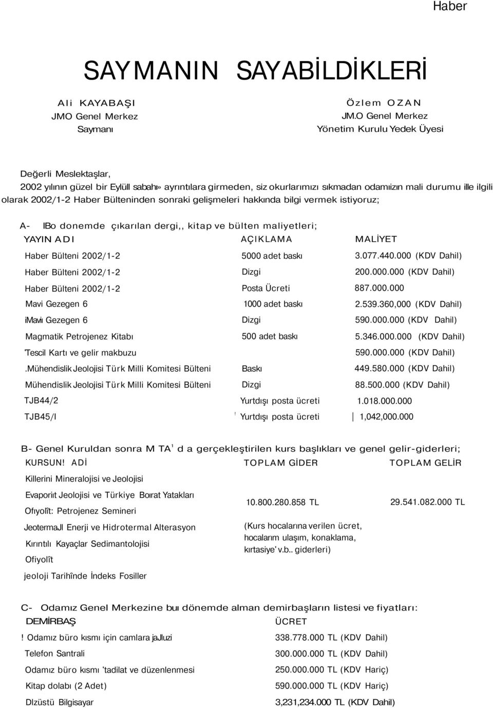 Bülteninden sonraki gelişmeleri hakkında bilgi vermek istiyoruz; A- IBo donemde çıkarılan dergi,, kitap ve bülten maliyetleri; YAYIN ADI AÇIKLAMA MALİYET Haber Bülteni /- adet baskı.