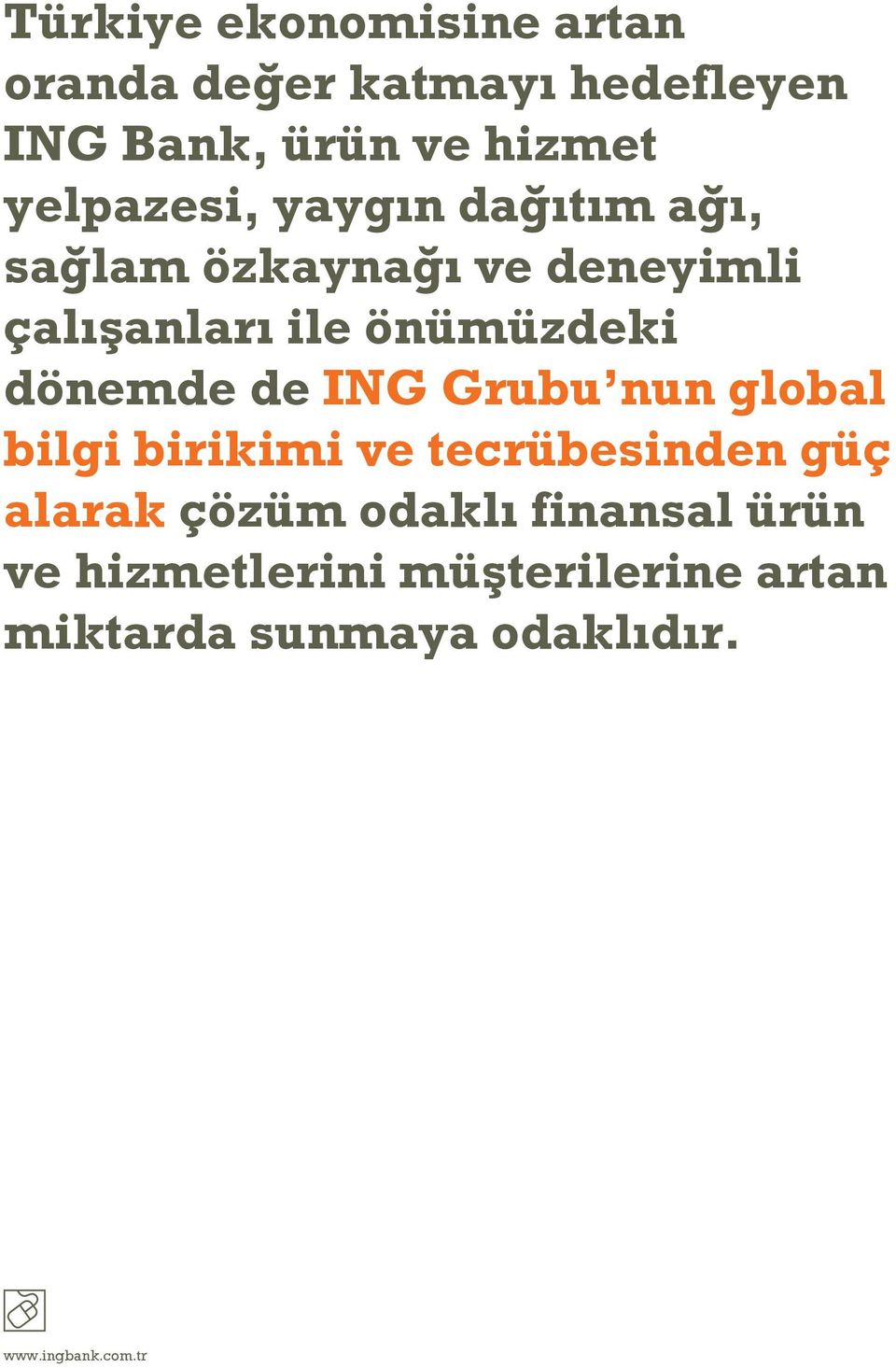 dönemde de ING Grubu nun global bilgi birikimi ve tecrübesinden güç alarak çözüm odaklı