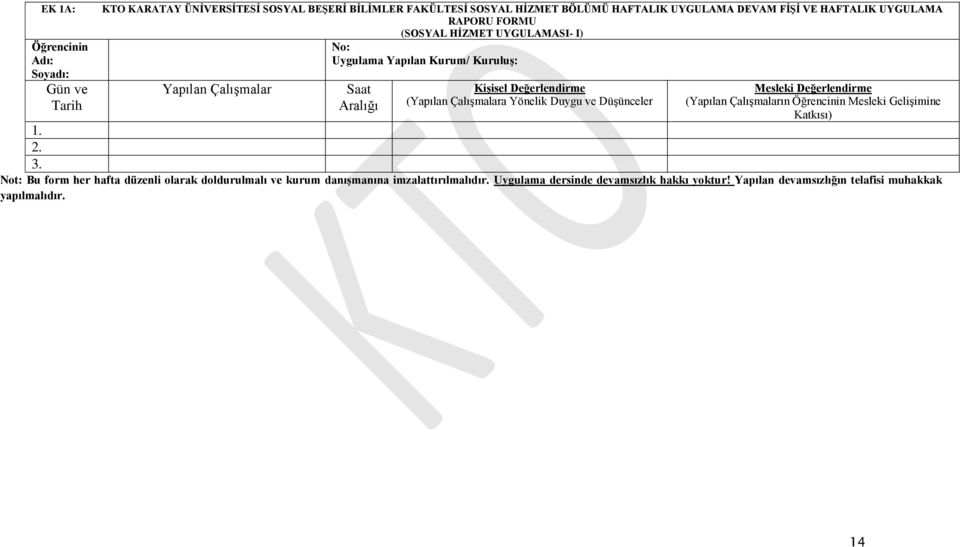 Çalışmalara Yönelik Duygu ve Düşünceler Mesleki Değerlendirme (Yapılan Çalışmaların Öğrencinin Mesleki Gelişimine Katkısı) 1. 2. 3.