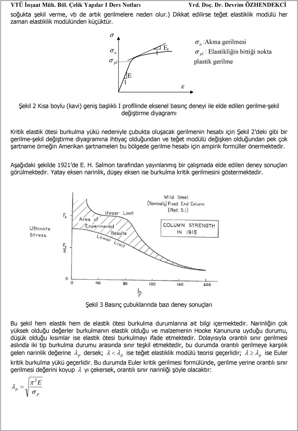 diyagramı Kritik elastik ötesi burkulma yükü nedeniyle çubukta oluşacak gerilmenin hesabı için Şekil deki gibi bir gerilme-şekil değiştirme diyagramına ihtiyaç olduğundan ve teğet modülü değişken