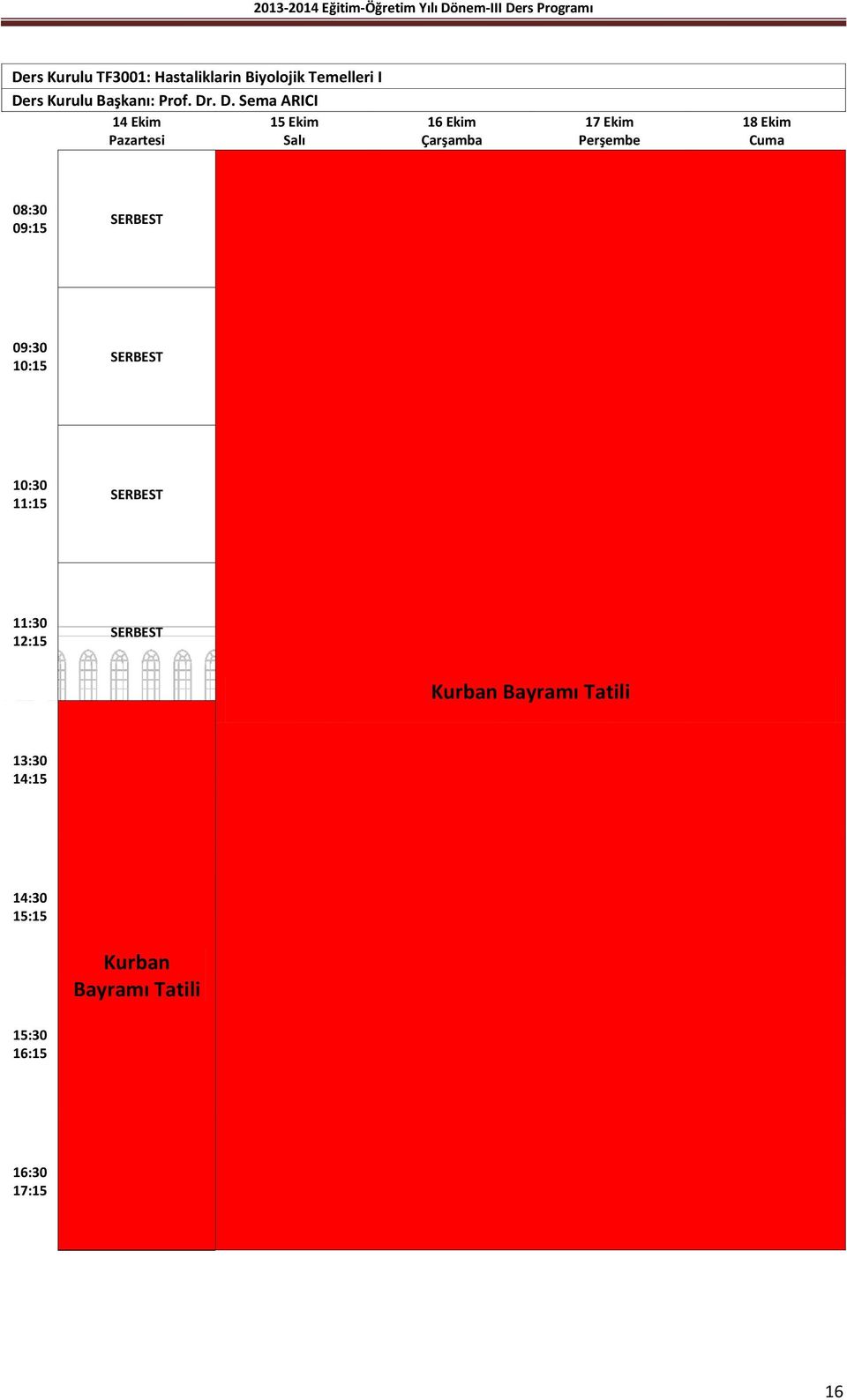 . D. Sema ARICI 14 Ekim 15 Ekim Pazartesi Salı 16 Ekim Çarşamba 17