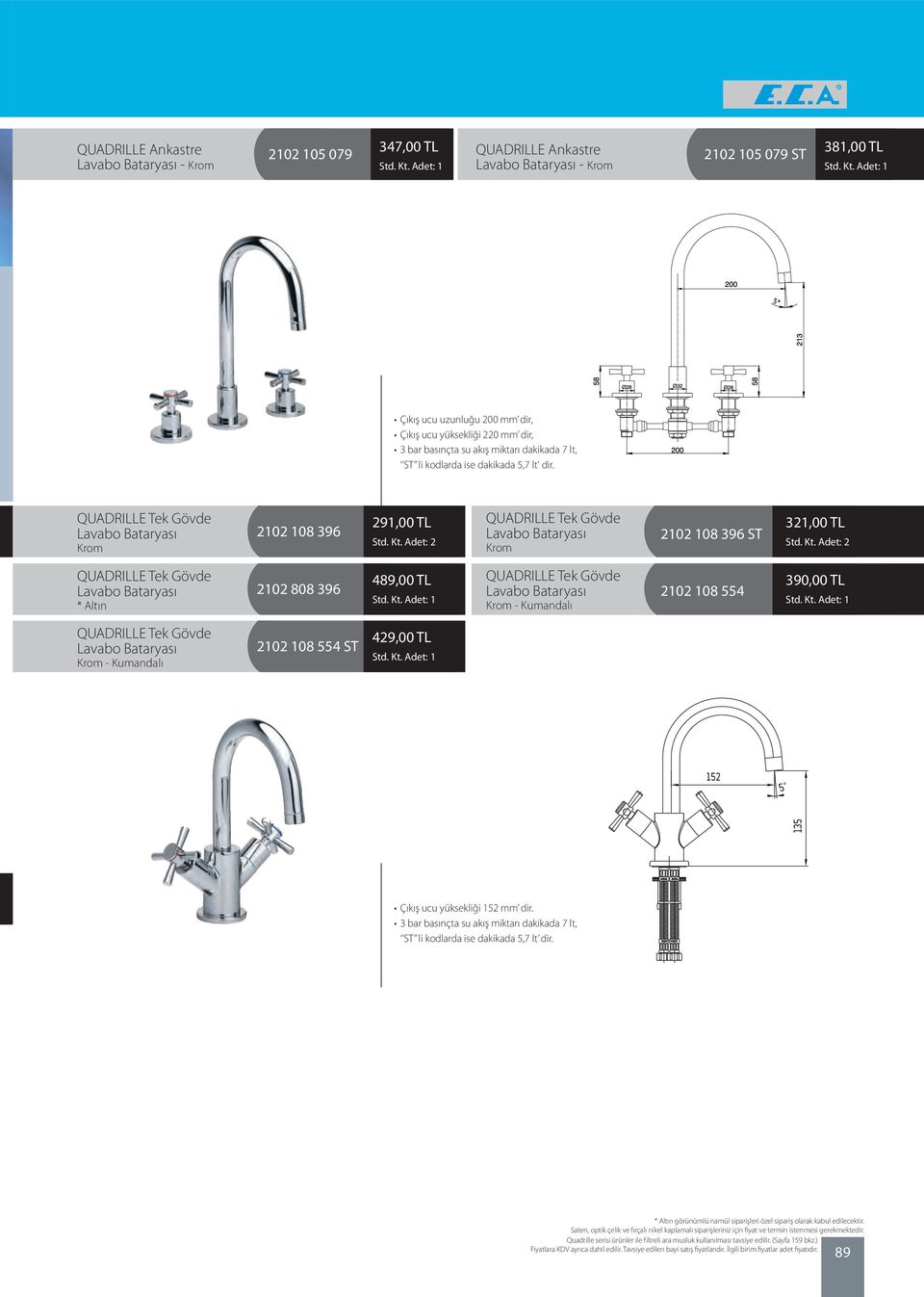 Adet: 2 QUADRILLE Tek Gövde Lavabo Bataryası 2102 108 396 ST 321,00 TL Std. Kt.