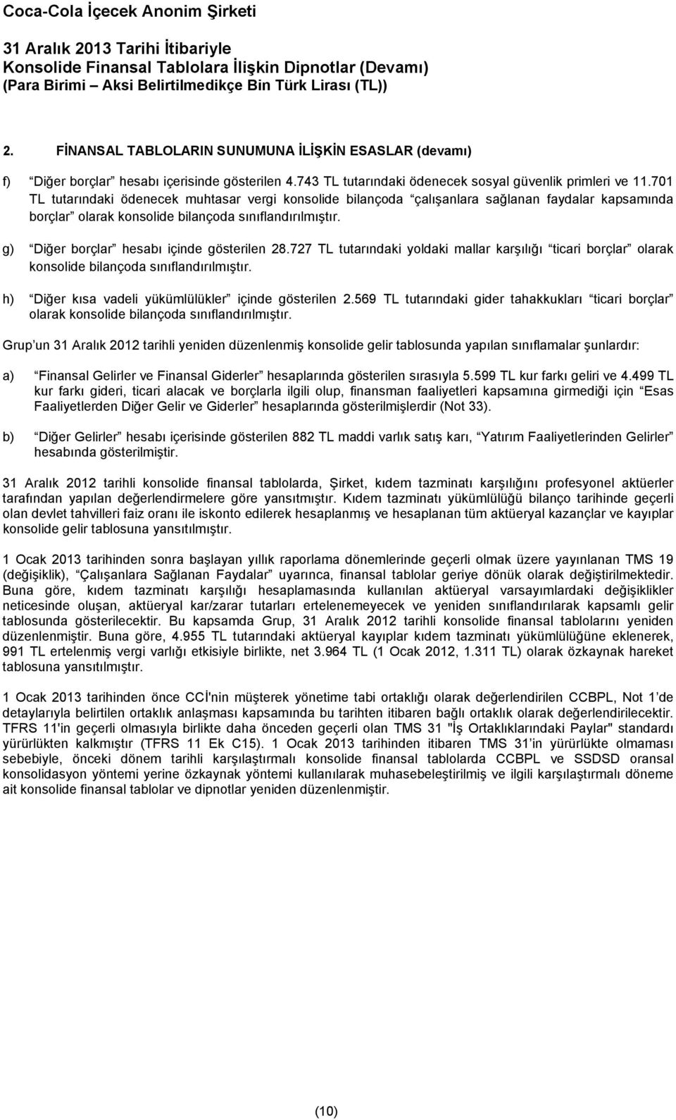 g) Diğer borçlar hesabı içinde gösterilen 28.727 TL tutarındaki yoldaki mallar karşılığı ticari borçlar olarak konsolide bilançoda sınıflandırılmıştır.