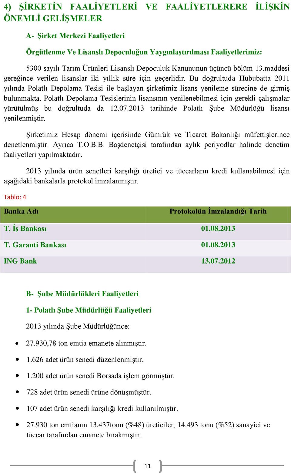 Bu doğrultuda Hububatta 2011 yılında Polatlı Depolama Tesisi ile başlayan şirketimiz lisans yenileme sürecine de girmiş bulunmakta.