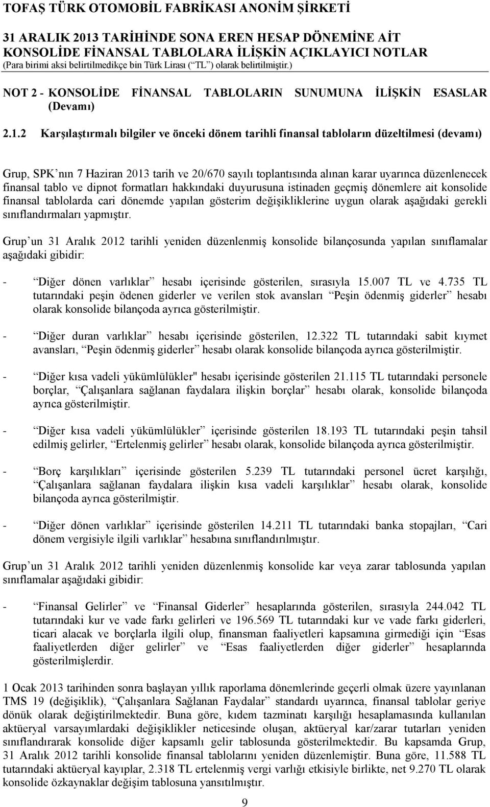 finansal tablo ve dipnot formatları hakkındaki duyurusuna istinaden geçmiş dönemlere ait konsolide finansal tablolarda cari dönemde yapılan gösterim değişikliklerine uygun olarak aşağıdaki gerekli