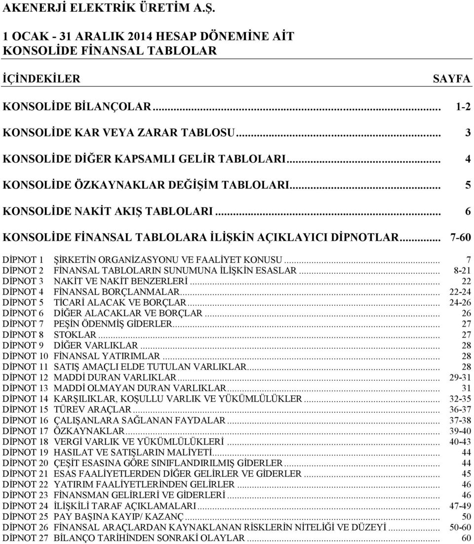 .. 7 DİPNOT 2 FİNANSAL TABLOLARIN SUNUMUNA İLİŞKİN ESASLAR... 8-21 DİPNOT 3 NAKİT VE NAKİT BENZERLERİ... 22 DİPNOT 4 FİNANSAL BORÇLANMALAR... 22-24 DİPNOT 5 TİCARİ ALACAK VE BORÇLAR.