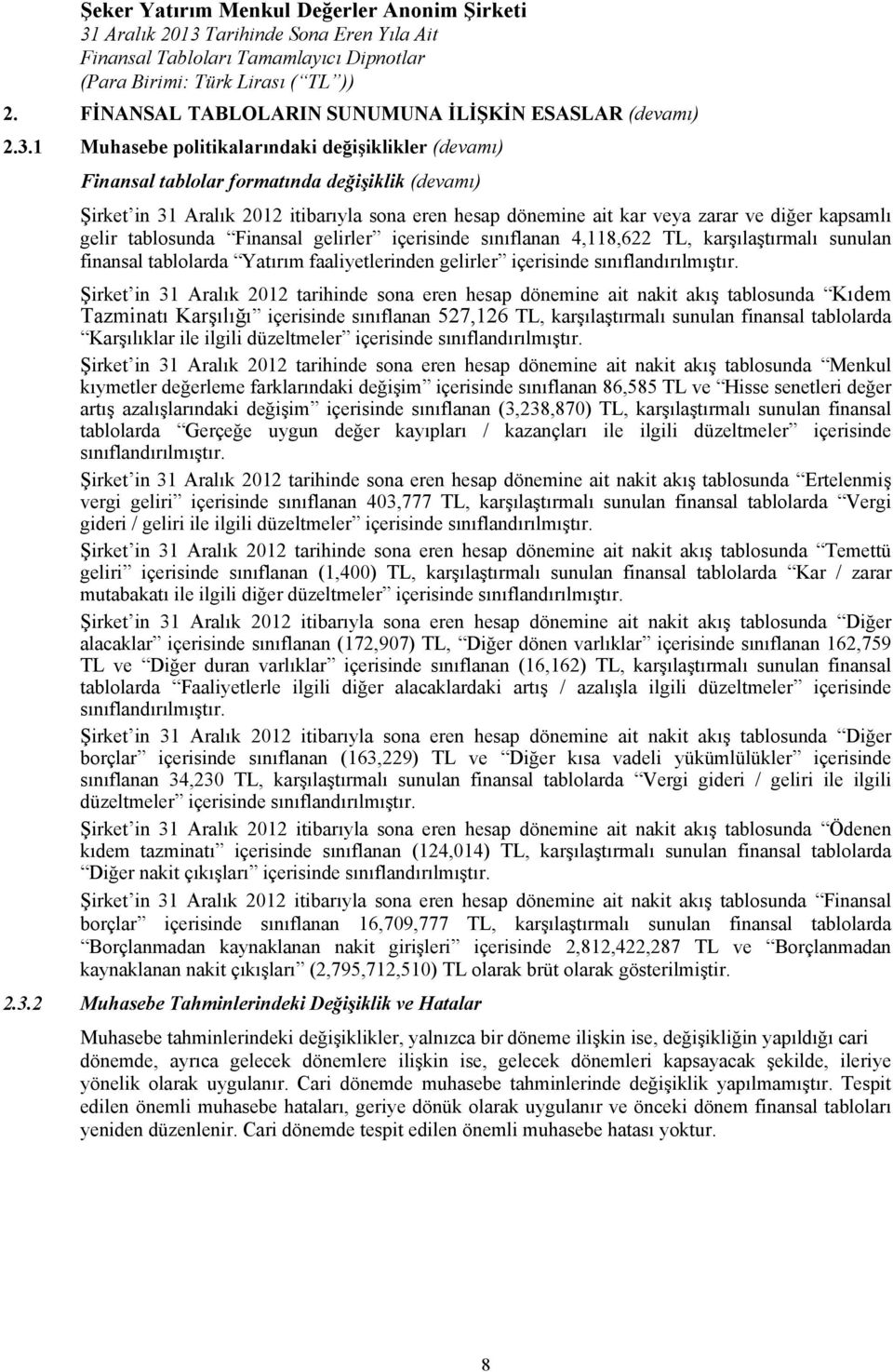 gelir tablosunda Finansal gelirler içerisinde sınıflanan 4,118,622 TL, karşılaştırmalı sunulan finansal tablolarda Yatırım faaliyetlerinden gelirler içerisinde sınıflandırılmıştır.