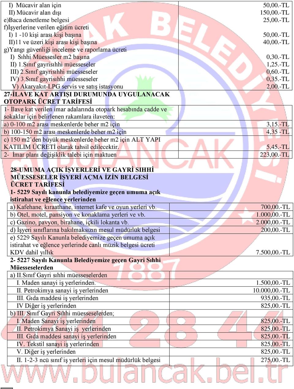 Sınıf gayrisıhhi müesseseler V) Akaryakıt-LPG servis ve satış istasyonu 50,00.-TL 150,00.-TL 25,00.-TL 50,00.-TL 40,00.-TL 0,30.-TL 1,25.-TL 0,60.-TL 0,35.-TL 2,00.