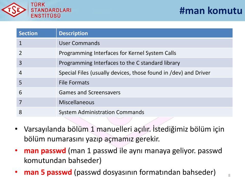 Miscellaneous 8 System Administration Commands Varsayılanda bölüm 1 manuelleri açılır.