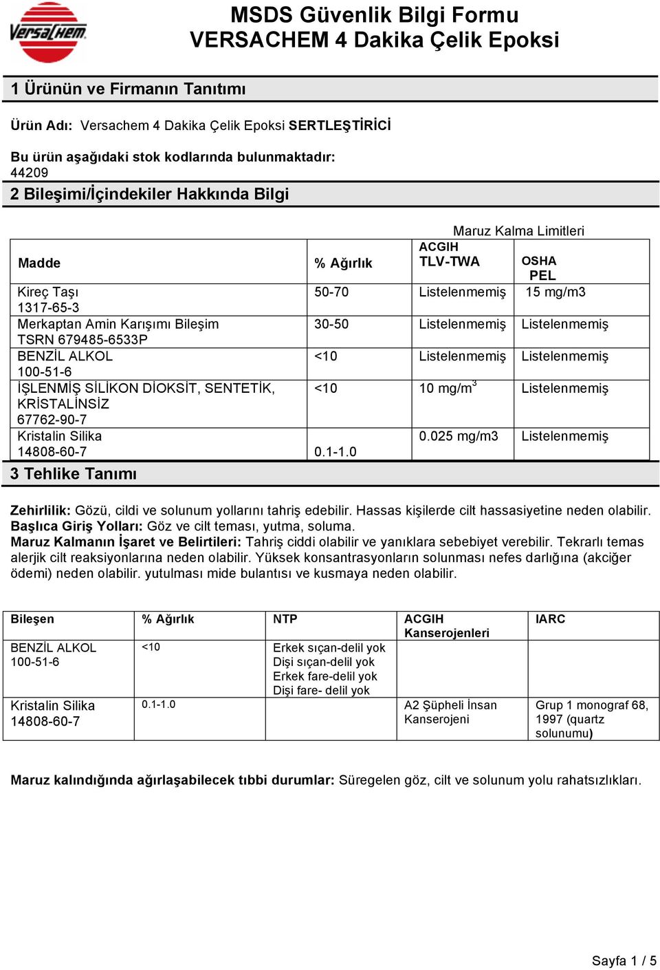 Listelenmemiş Listelenmemiş 100-51-6 İŞLENMİŞ SİLİKON DİOKSİT, SENTETİK, <10 10 mg/m 3 Listelenmemiş KRİSTALİNSİZ 67762-90-7 Kristalin Silika 14808-60-7 0.1-1.0 0.