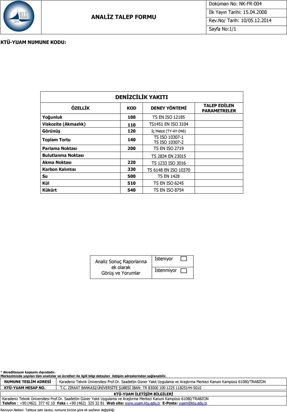 Bulutlanma Noktası TS 2834 EN 23015 Akma Noktası 220 TS 1233 ISO 3016 Karbon