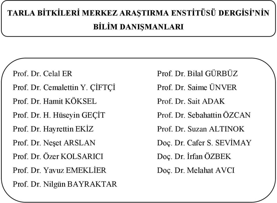 Dr. Yavuz EMEKLĠER Prof. Dr. Nilgün BAYRAKTAR Prof. Dr. Bilal GÜRBÜZ Prof. Dr. Saime ÜNVER Prof. Dr. Sait ADAK Prof. Dr. Sebahattin ÖZCAN Prof.