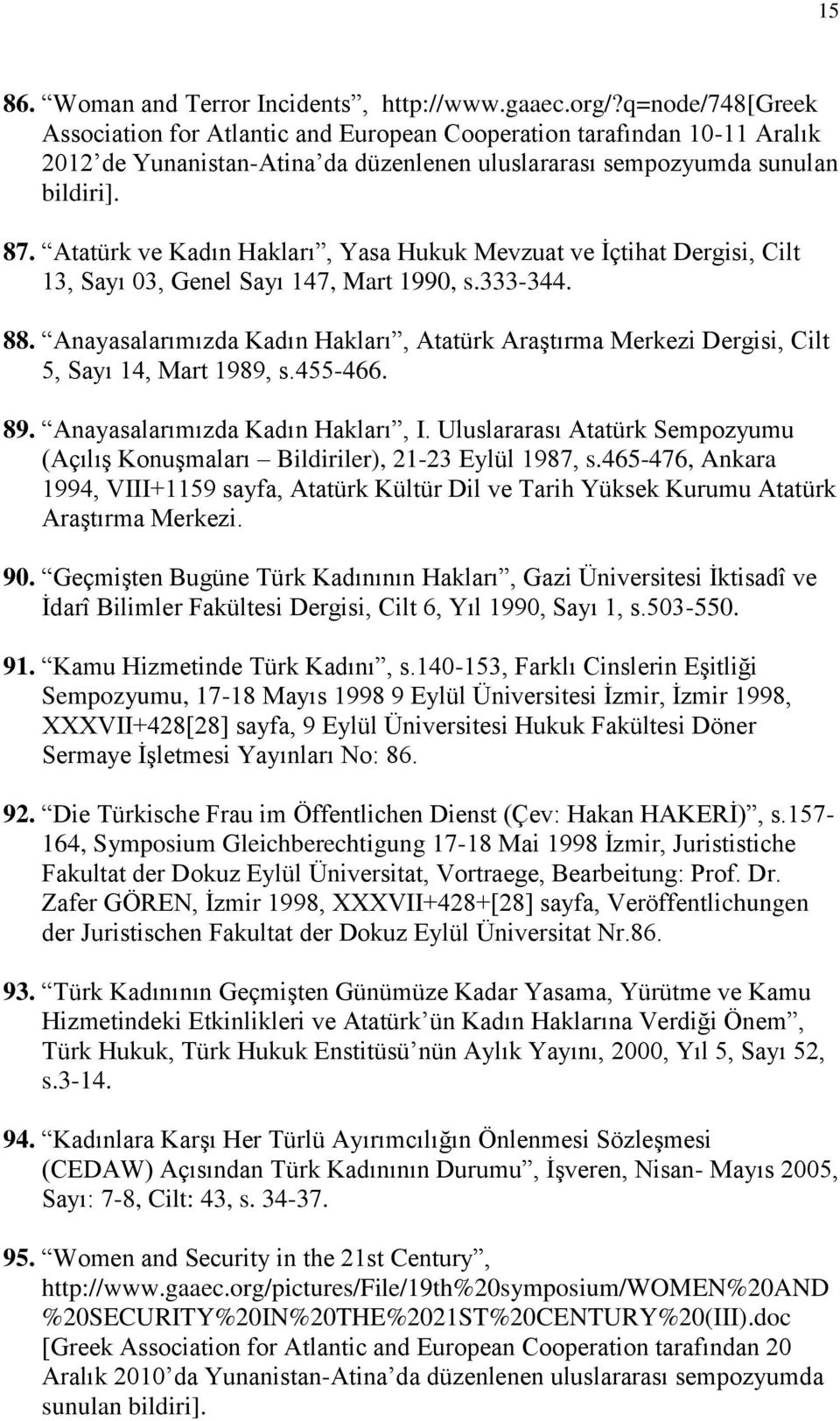 Atatürk ve Kadın Hakları, Yasa Hukuk Mevzuat ve İçtihat Dergisi, Cilt 13, Sayı 03, Genel Sayı 147, Mart 1990, s.333-344. 88.