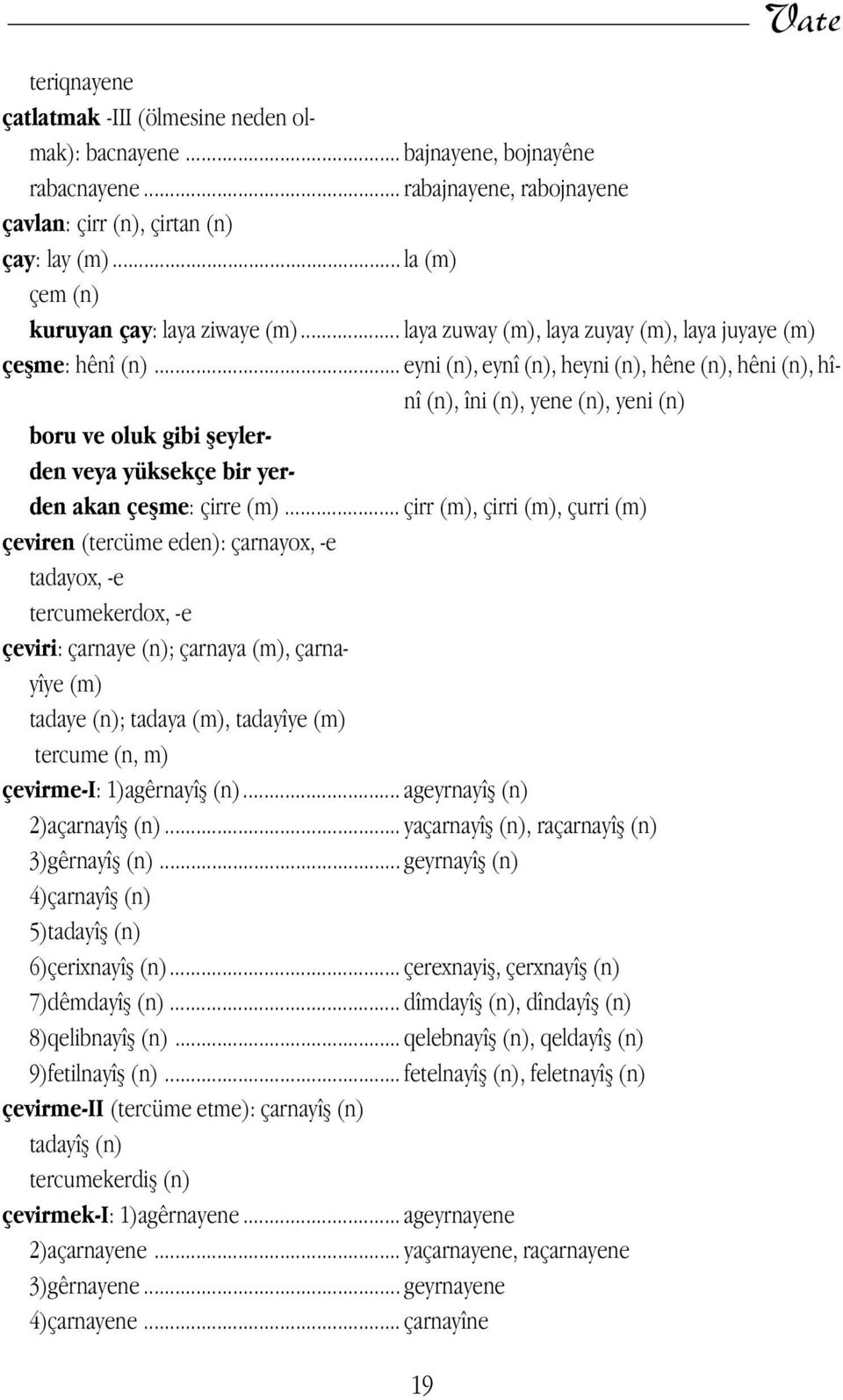 .. eyni (n), eynî (n), heyni (n), hêne (n), hêni (n), hînî (n), îni (n), yene (n), yeni (n) boru ve oluk gibi fleylerden veya yüksekçe bir yerden akan çeflme: çirre (m).