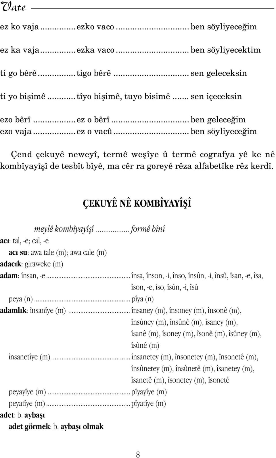 ÇEKUYÊ NÊ KOMBÎYAYÎfiÎ meylê kombîyayîflî... formê bînî acı: tal, -e; cal, -e acı su: awa tale (m); awa cale (m) adacık: giraweke (m) adam: însan, -e.