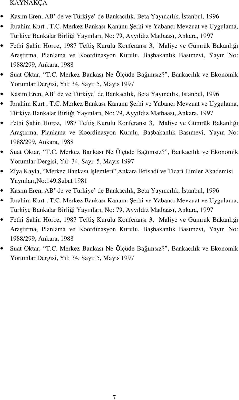 Gümrük Bakanlığı Araştırma, Planlama ve Koordinasyon Kurulu, Başbakanlık Basımevi, Yayın No: 1988/299, Ankara, 1988 Suat Oktar, T.C. Merkez Bankası Ne Ölçüde Bağımsız?