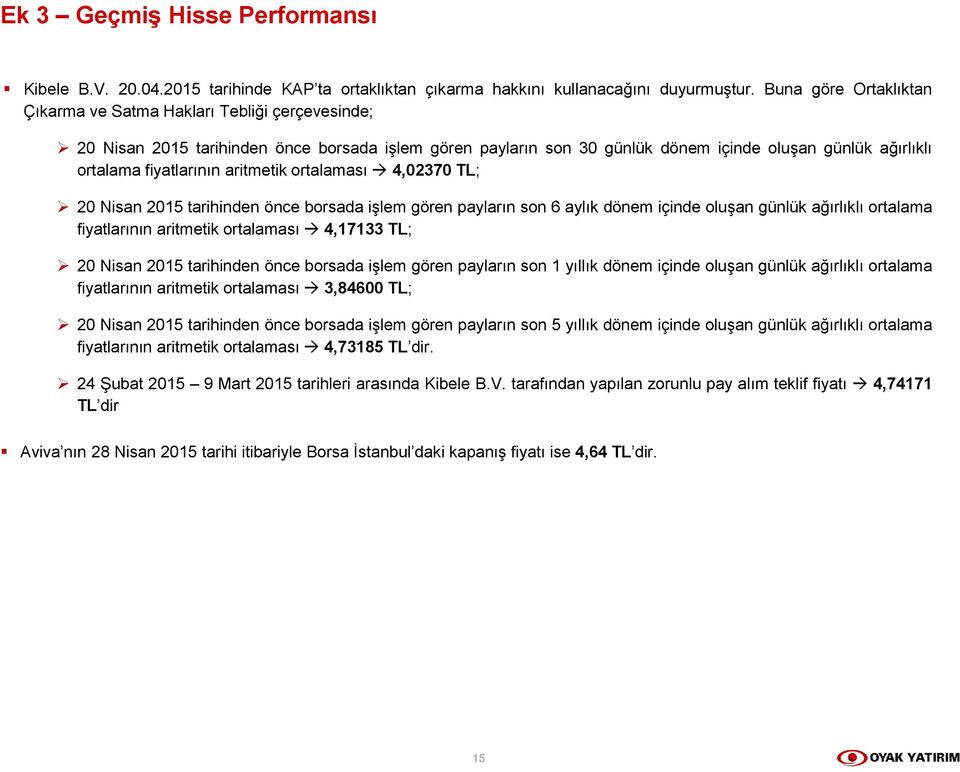 fiyatlarının aritmetik ortalaması 4,02370 TL; 20 Nisan 2015 tarihinden önce borsada işlem gören payların son 6 aylık dönem içinde oluşan günlük ağırlıklı ortalama fiyatlarının aritmetik ortalaması