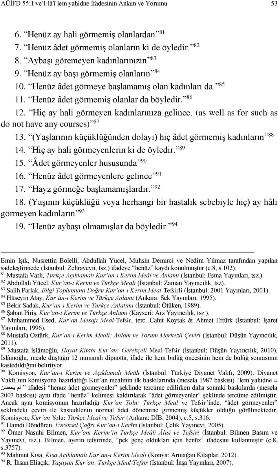 (as well as for such as do not have any courses) 87 13. (Yaşlarının küçüklüğünden dolayı) hiç âdet görmemiş kadınların 88 14. Hiç ay hali görmeyenlerin ki de öyledir. 89 15.