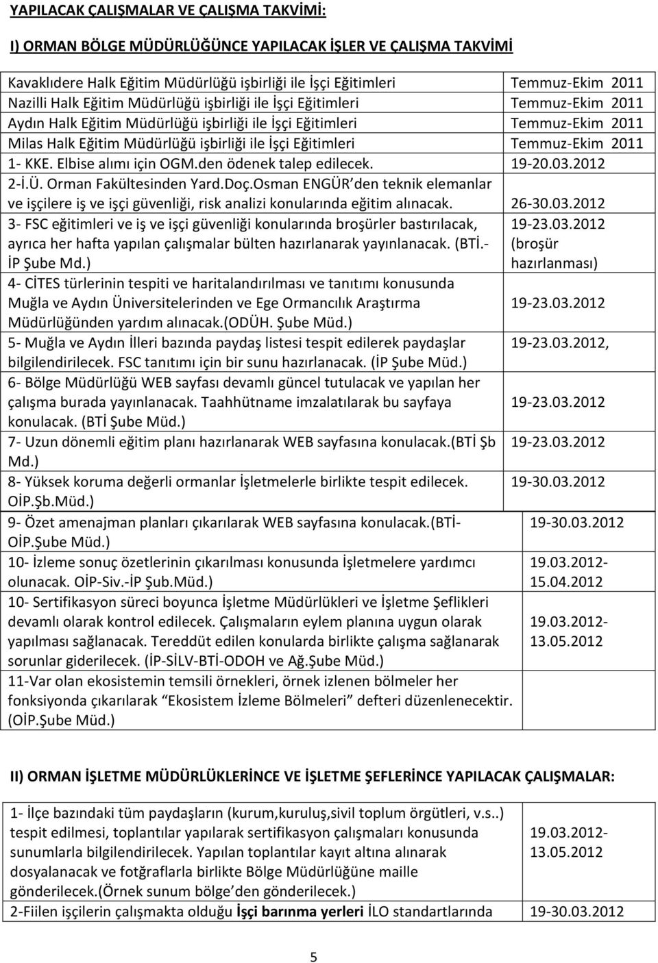 Temmuz-Ekim 2011 1- KKE. Elbise alımı için OGM.den ödenek talep edilecek. 19-20.03.2012 2-İ.Ü. Orman Fakültesinden Yard.Doç.