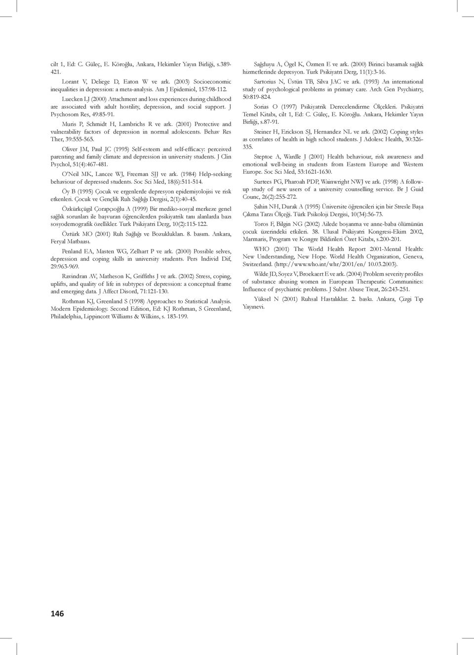 Muris P, Schmidt H, Lambrichs R ve ark. (2001) Protective and vulnerability factors of depression in normal adolescents. Behav Res Ther, 39:555-565.