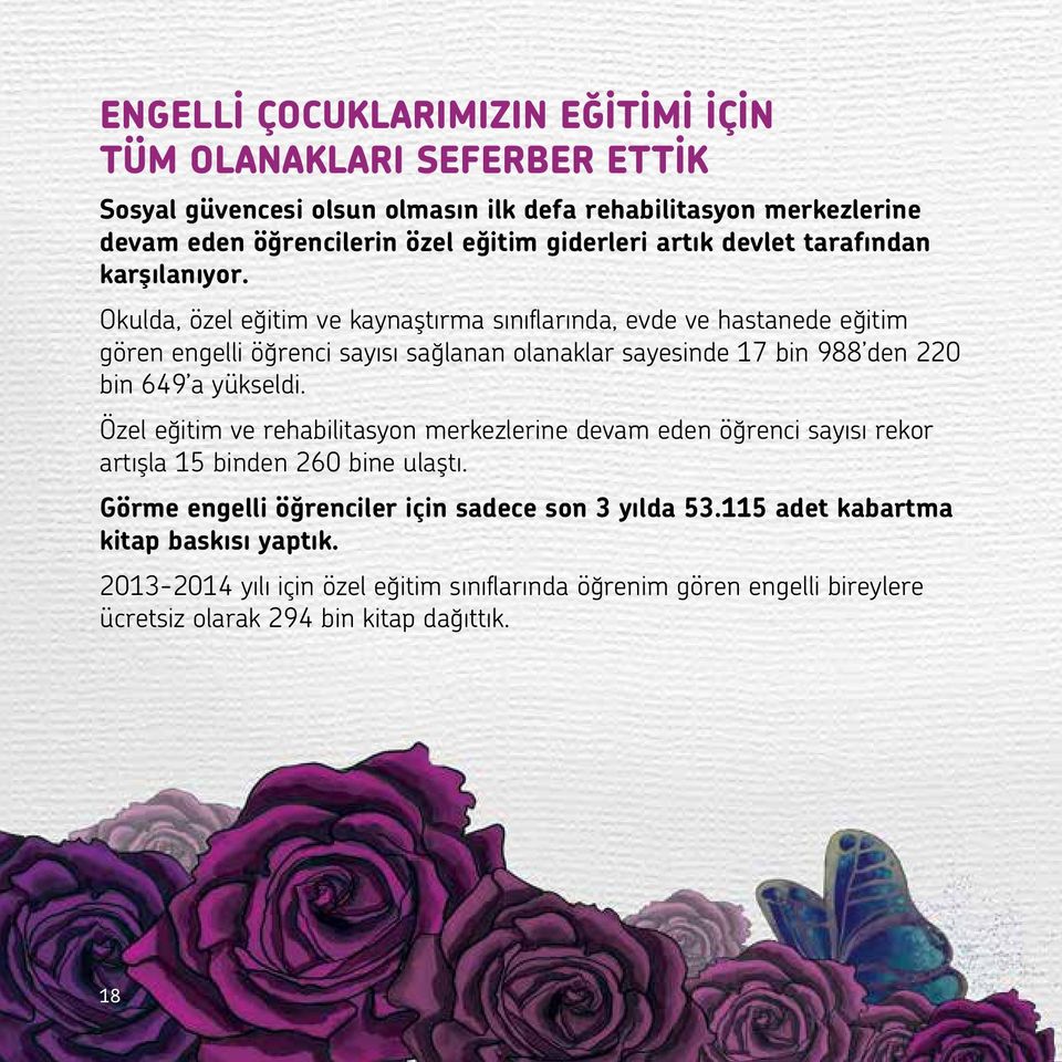 Okulda, özel eğitim ve kaynaştırma sınıflarında, evde ve hastanede eğitim gören engelli öğrenci sayısı sağlanan olanaklar sayesinde 17 bin 988 den 220 bin 649 a yükseldi.