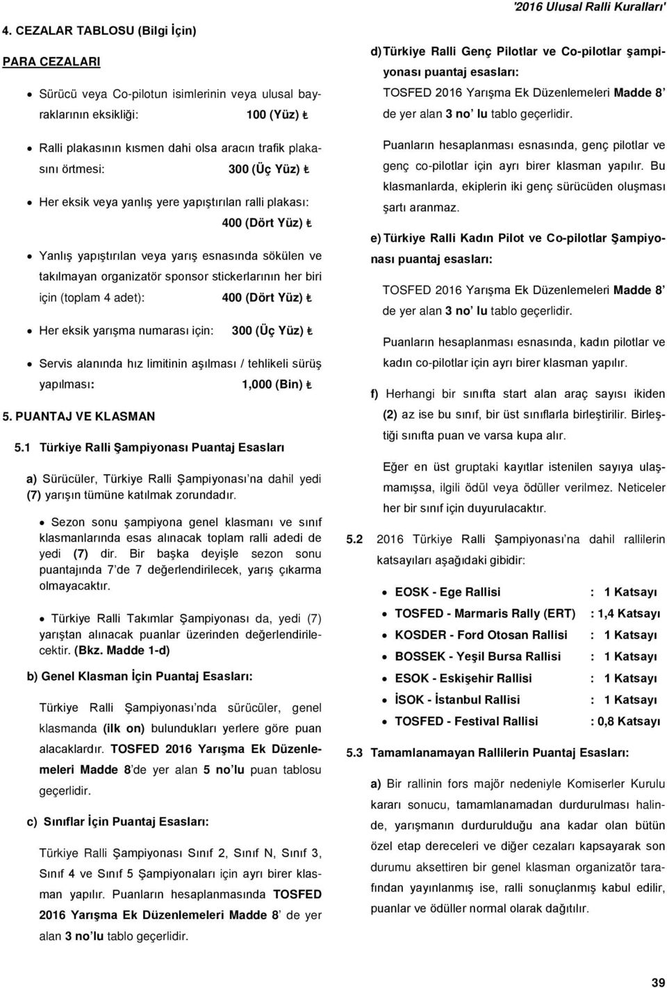 4 adet): 400 (Dört Yüz) Her eksik yarışma numarası için: 300 (Üç Yüz) Servis alanında hız limitinin aşılması / tehlikeli sürüş yapılması: 1,000 (Bin) 5. PUANTAJ VE KLASMAN 5.