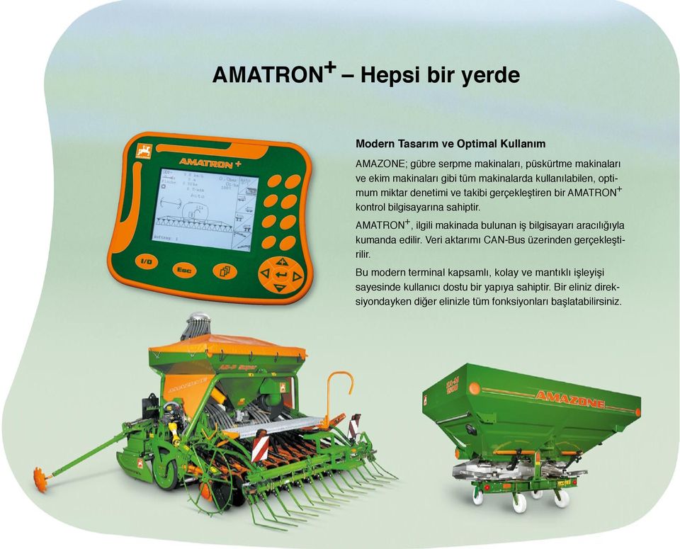 AMATRON +, ilgili makinada bulunan iş bilgisayarı aracılığıyla kumanda edilir. Veri aktarımı CAN-Bus üzerinden gerçekleştirilir.