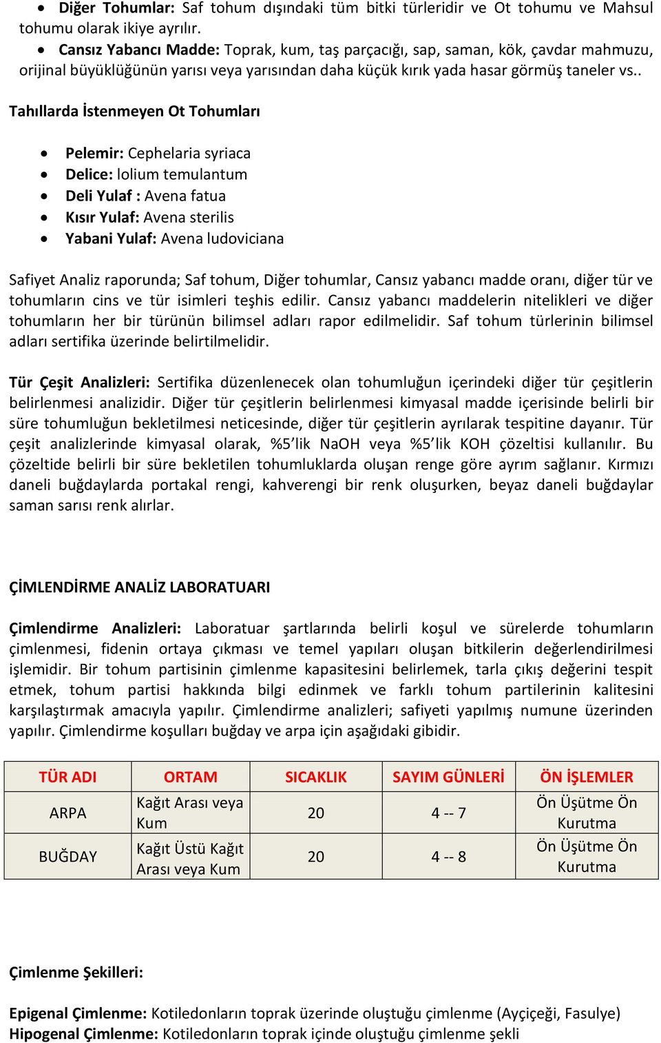 . Tahıllarda İstenmeyen Ot Tohumları Pelemir: Cephelaria syriaca Delice: lolium temulantum Deli Yulaf : Avena fatua Kısır Yulaf: Avena sterilis Yabani Yulaf: Avena ludoviciana Safiyet Analiz