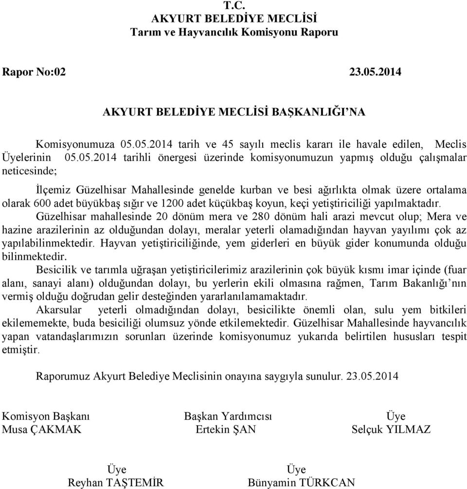 05.2014 tarih ve 45 sayılı meclis kararı ile havale edilen, Meclis lerinin 05.05.2014 tarihli önergesi üzerinde komisyonumuzun yapmış olduğu çalışmalar İlçemiz Güzelhisar Mahallesinde genelde kurban