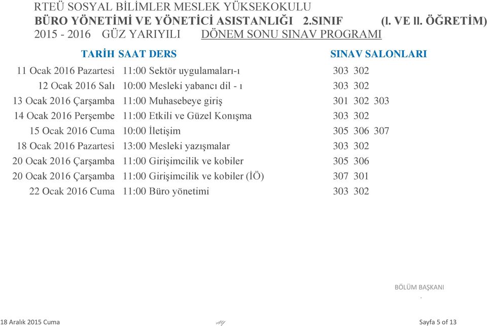 15 Ocak 2016 Cuma 10:00 İletişim 305 306 307 18 Ocak 2016 Pazartesi 13:00 Mesleki yazışmalar 303 302 20 Ocak 2016 Çarşamba 11:00 Girişimcilik ve