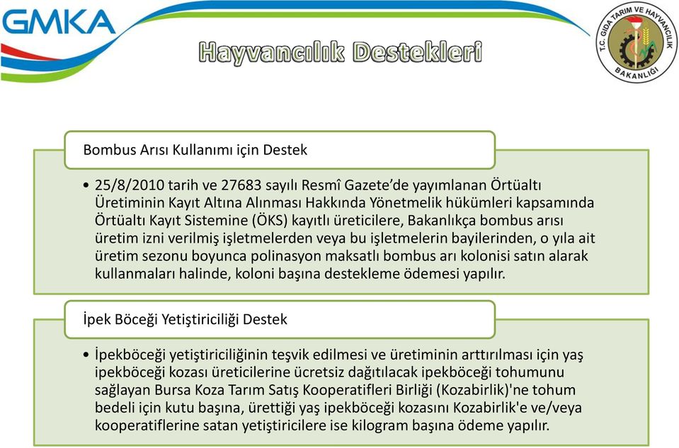 kolonisi satın alarak kullanmaları halinde, koloni başına destekleme ödemesi yapılır.