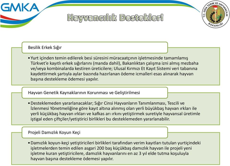 Hayvan Genetik Kaynaklarının Korunması ve Geliştirilmesi Desteklemeden yararlanacaklar; Sığır Cinsi Hayvanların Tanımlanması, Tescili ve İzlenmesi Yönetmeliğine göre kayıt altına alınmış olan yerli