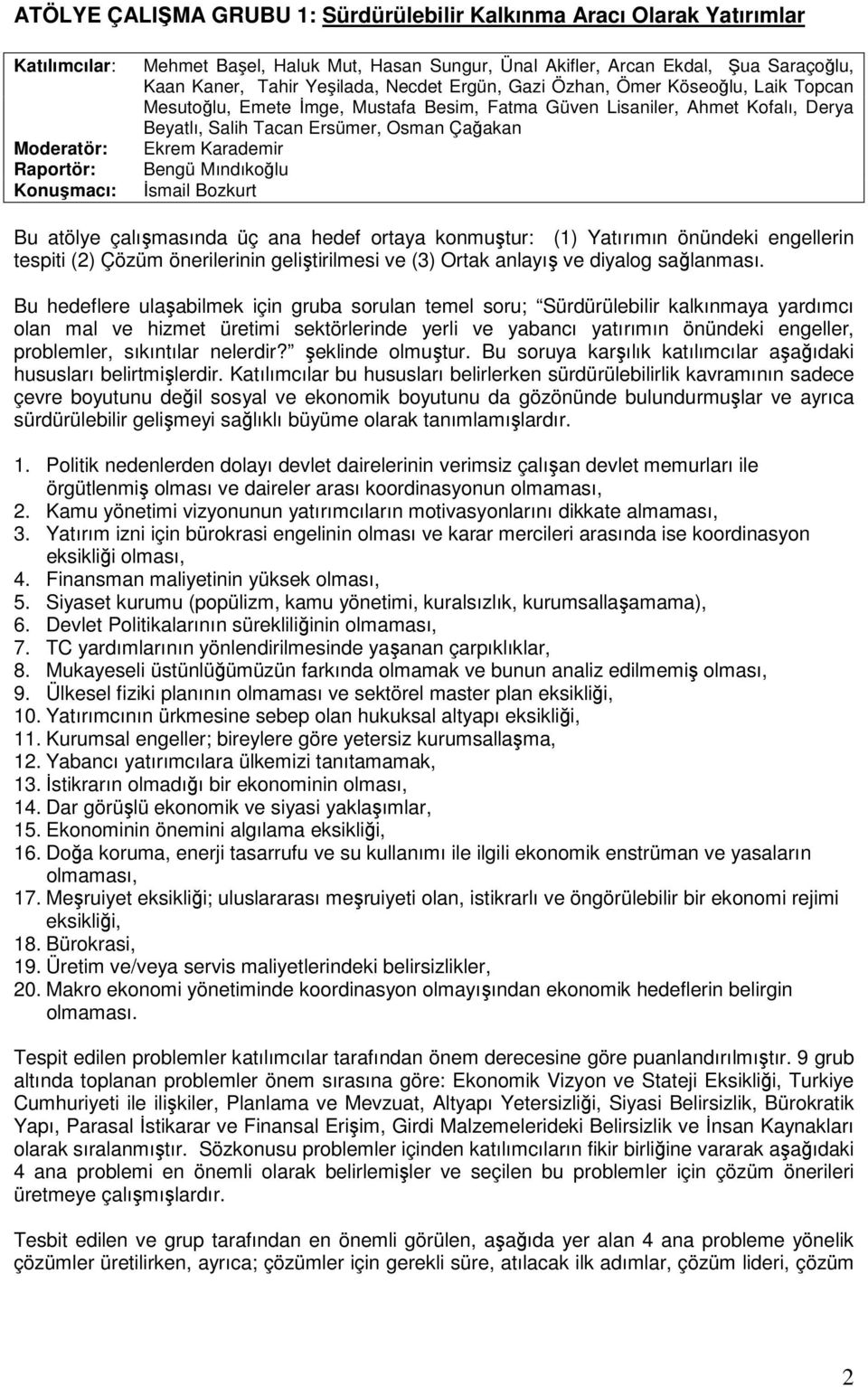 Çağakan Ekrem Karademir Bengü Mındıkoğlu Đsmail Bozkurt Bu atölye çalışmasında üç ana hedef ortaya konmuştur: (1) Yatırımın önündeki engellerin tespiti (2) Çözüm önerilerinin geliştirilmesi ve (3)