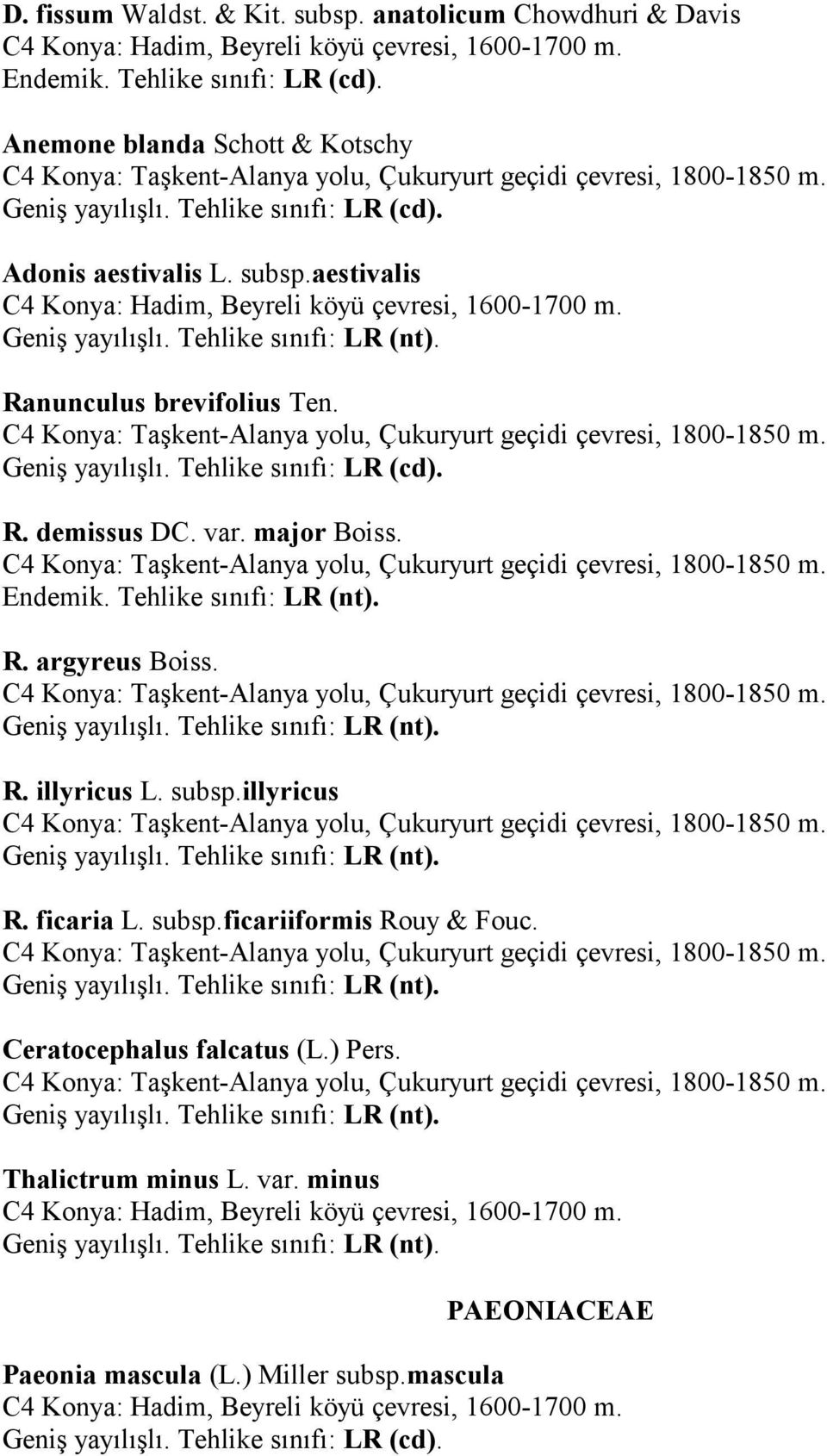 major Boiss. Endemik. Tehlike snf: LR (nt). R. argyreus Boiss. R. illyricus L. subsp.illyricus R. ficaria L. subsp.ficariiformis Rouy & Fouc. Ceratocephalus falcatus (L.) Pers. Thalictrum minus L.