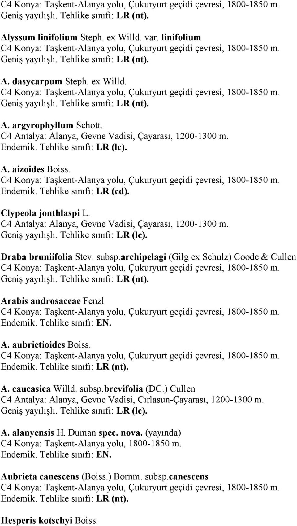 archipelagi (Gilg ex Schulz) Coode & Cullen Arabis androsaceae Fenzl Endemik. Tehlike snf: EN. A. aubrietioides Boiss. Endemik. Tehlike snf: LR (nt). A. caucasica Willd. subsp.brevifolia (DC.