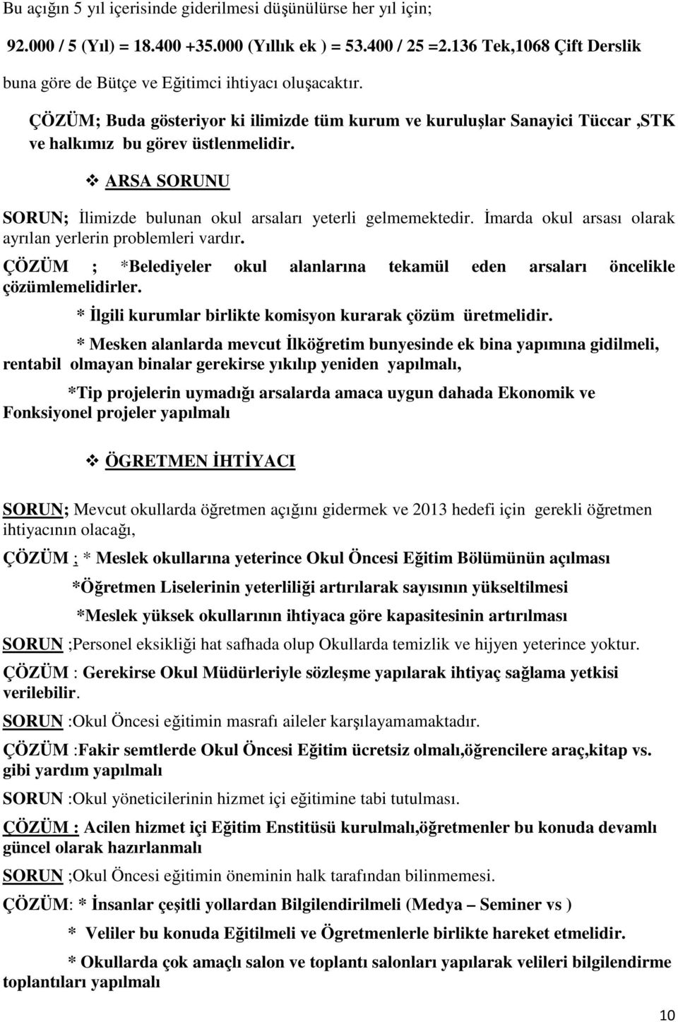 ARSA SORUNU SORUN; İlimizde bulunan okul arsaları yeterli gelmemektedir. İmarda okul arsası olarak ayrılan yerlerin problemleri vardır.