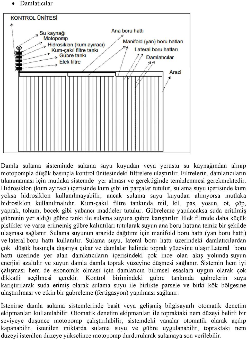 Hidrosiklon (kum ayıracı) içerisinde kum gibi iri parçalar tutulur, sulama suyu içerisinde kum yoksa hidrosiklon kullanılmayabilir, ancak sulama suyu kuyudan alınıyorsa mutlaka hidrosiklon